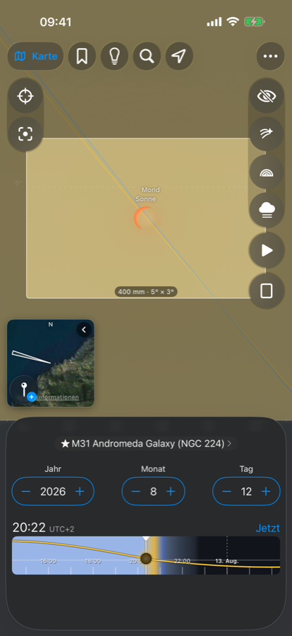 Die 3D-Vorschau verbindet die Phase der Finsternis mit deinem Kamerarahmen.