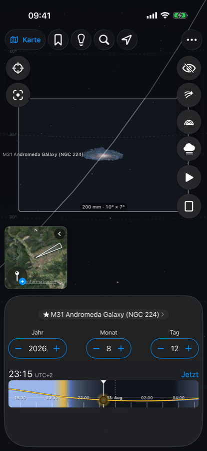 Andromeda im Kamerarahmen: Die Vorschau zeigt ihre Winkelgröße, nicht die zu erwartende Bildqualität.