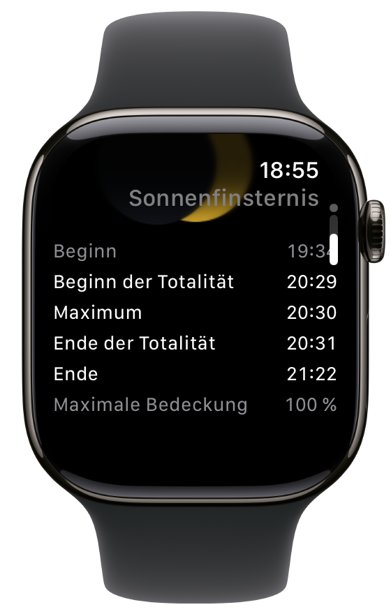 Die Seite zum Finsternistag für die totale Sonnenfinsternis am 12. August 2026, zu den Zeiten gescrollt: die Überschrift „Sonnenfinsternis“, darüber der letzte Rest der bedeckten Sonne, darunter die fünf Kontakte — Beginn 19:34 in Grau, weil er vorbei ist, Beginn der Totalität 20:29, Maximum 20:30, Ende der Totalität 20:31, Ende 21:22 — und die Zeile Maximale Bedeckung 100 %.