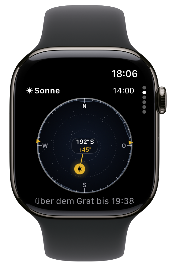 Die Seite „Wo steht es“ um 14:00: der ganze Himmel auf einer Scheibe in einem geschliffenen Ring, blasse Sterne darunter und das vermessene Land als Band an ihrem Rand, die Sonne in Gold im Süden auf halbem Weg vom Rand zur Mitte, ihr Zeiger führt zur Anzeige in der Mitte — 192° S und +45° — dazu goldene Dreiecke auf dem Ring für den Aufgang im Osten und den Untergang im Westen, darunter die Zeile: über dem Grat bis 19:38.