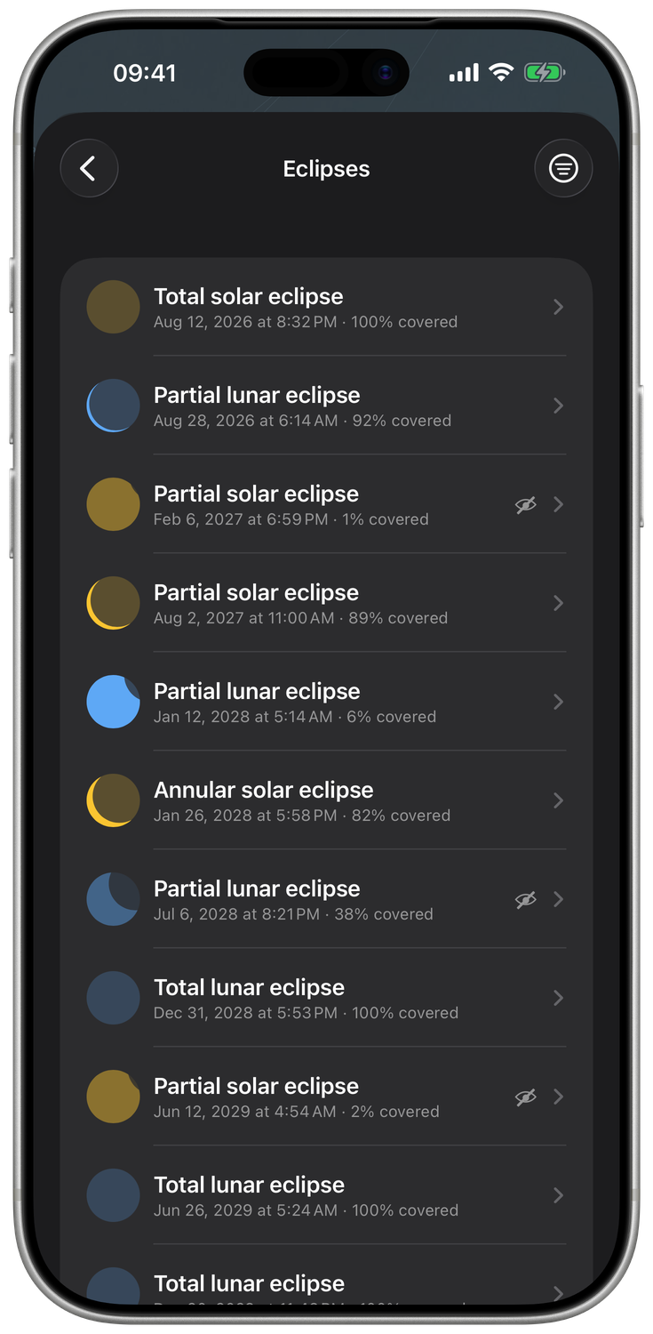 The eclipse list for this place, headed Eclipses: one row per eclipse, with the disc beside it drawn at the cover this place really gets. At the top a total solar eclipse — Aug 12, 2026 at 8:32 PM, 100% covered — and below it in date order lunar and solar eclipses down to 2029, partial ones from 92% to 1%, an annular one in January 2028, some marked with a crossed-out eye because they stay below this horizon.