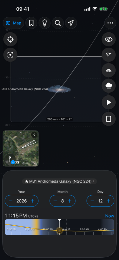 Andromeda in the camera frame: the preview shows angular size, not the image quality you can expect.