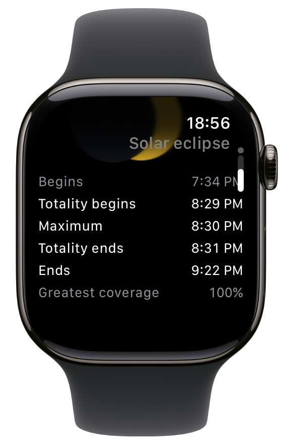 The eclipse day page for the total solar eclipse of 12 August 2026, scrolled down to its times: the title Solar eclipse with the last of the covered sun sliding away above it, under it the five contacts — Begins 7:34 PM, grey because it has passed, Totality begins 8:29 PM, Maximum 8:30 PM, Totality ends 8:31 PM, Ends 9:22 PM — and the line Greatest coverage 100%.