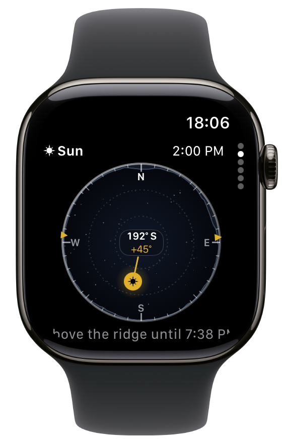 The Where it stands page at 2:00 PM: the whole sky on one dial inside a machined ring, faint stars under it and the measured land as a band at its edge, the sun in gold in the south halfway in from the rim with its needle running up to the readout in the middle — 192° S and +45° — gold triangles on the ring where it comes up in the east and goes down in the west, and the line underneath: above the ridge until 7:38 PM.